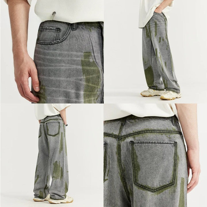 Casual Green Painted Wide-Leg Jeans     - VONVEX