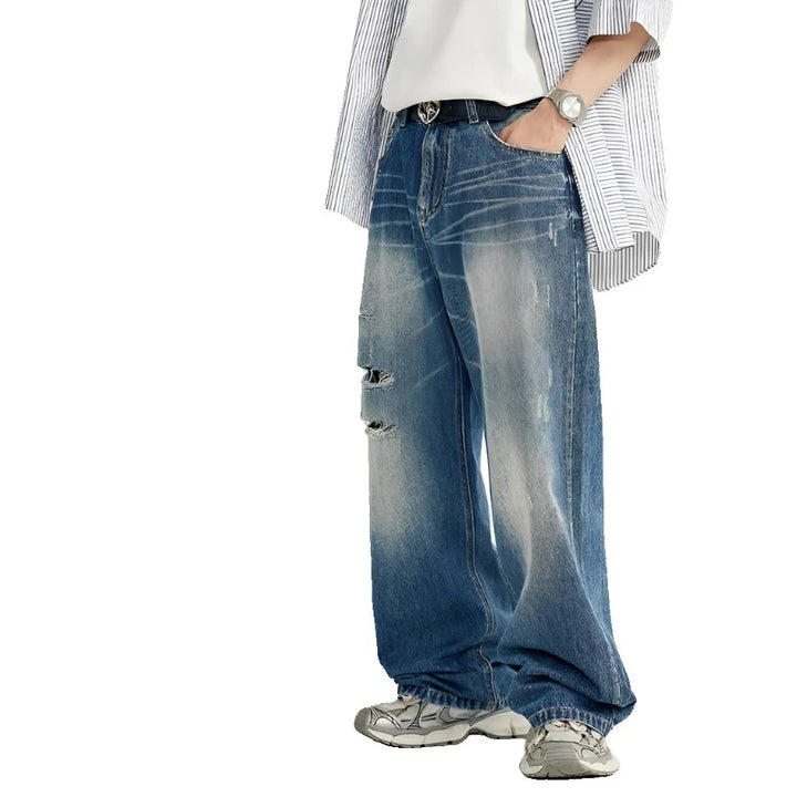 Retro Ripped Wide Leg Blue Denim Pant     - VONVEX