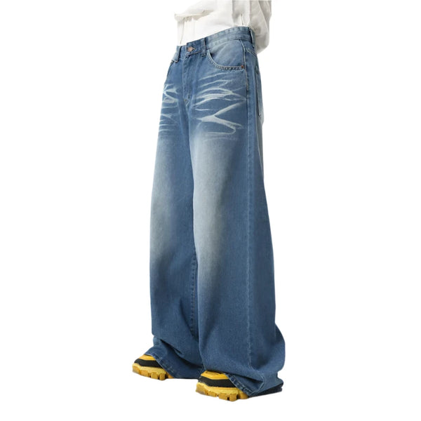 Eclipse Washed Fold Wide-Leg Jeans     - VONVEX