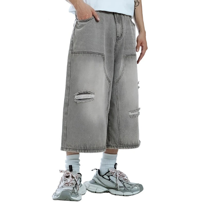 Ripped Carpenter Wide Leg Denim Short  Grey S  - VONVEX