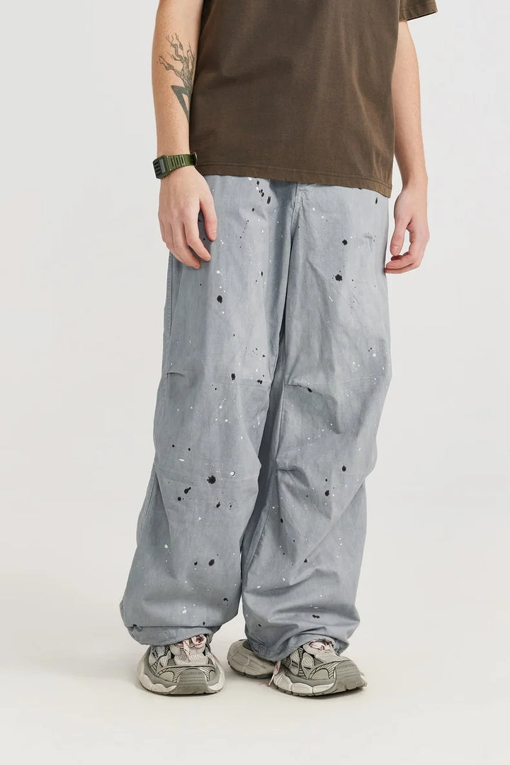 Washed Splashed Wide Leg Cargo Pant     - VONVEX