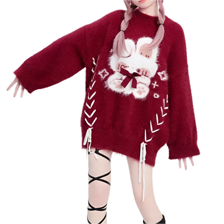 Red Kawaii Knitted Bunny Sweater - VONVEX