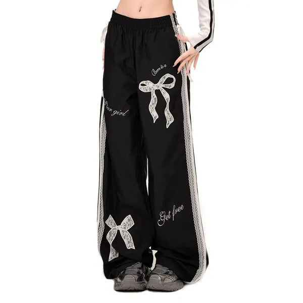 Y2K Bow Sweet Patch Pants  Black S  - VONVEX