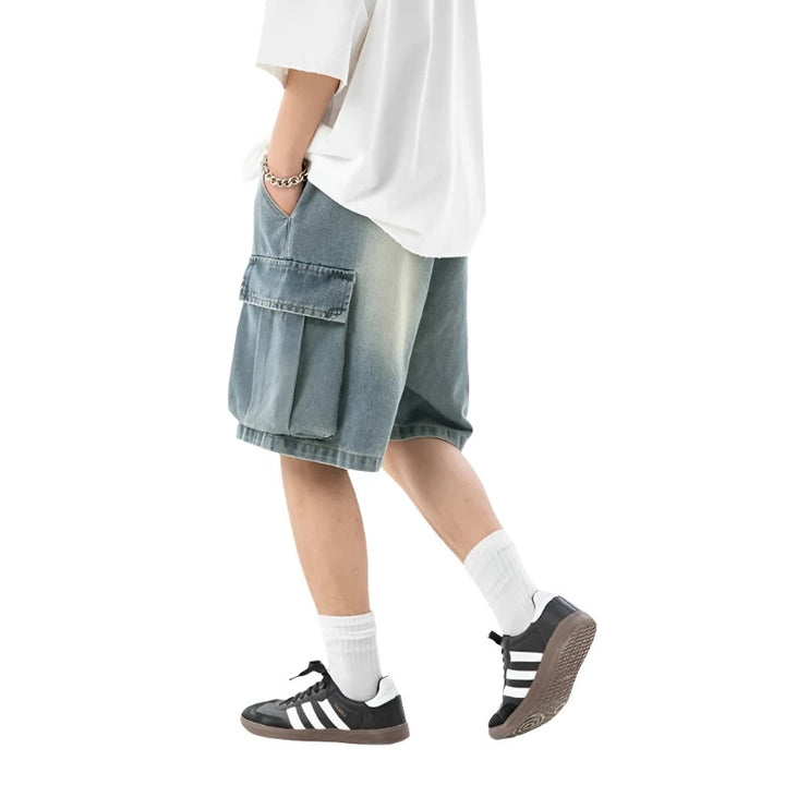 Korean Fashion Men's Wide Leg Denim Shorts Summer New Fashion Loose Casual Elastic Waist Large Pocket Cargo Men's Jeans Shorts - VONVEX