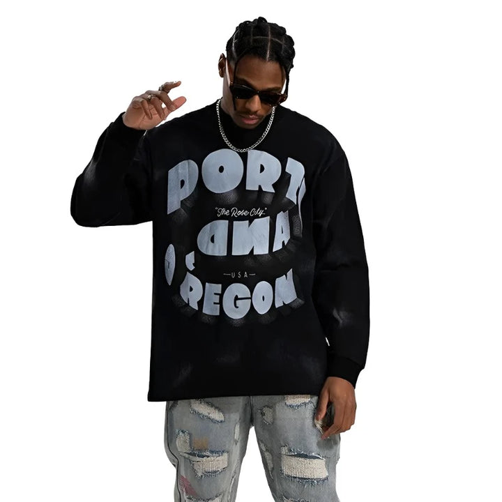 Vintage Washed Paint Long-Sleeve T-Shirt     - VONVEX