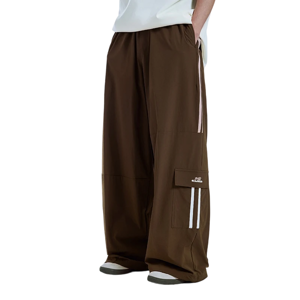 Retro Patchwork Wide-Leg Cargo Pants  Coffee L  - VONVEX