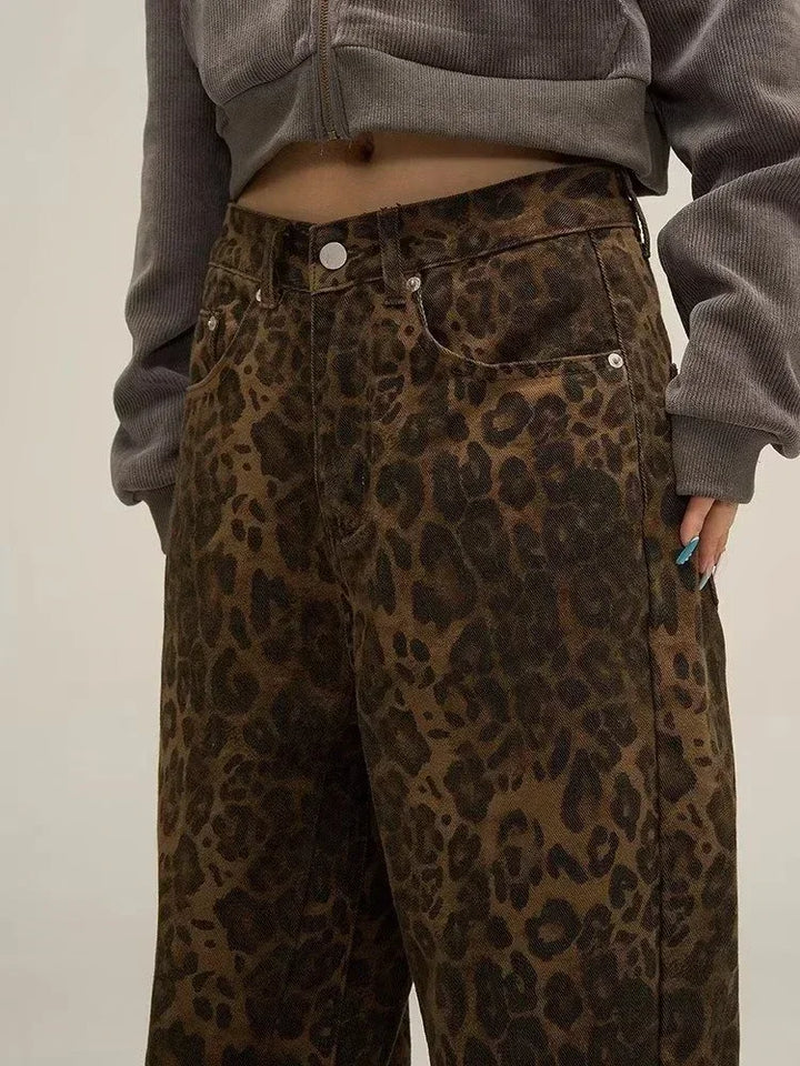 Y2K Leopard Flair High-Waisted Pants     - VONVEX