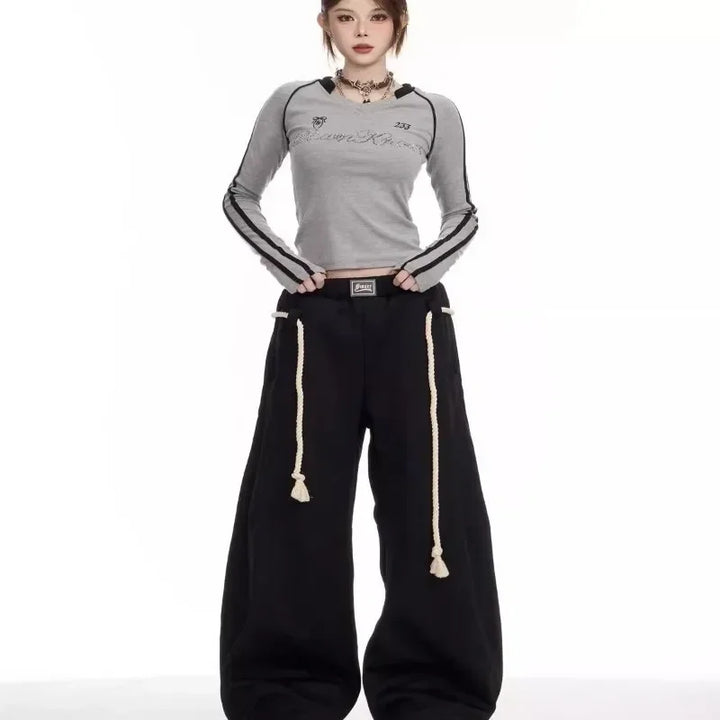 Y2k Laced Vintage Ease Wide Leg Pants     - VONVEX