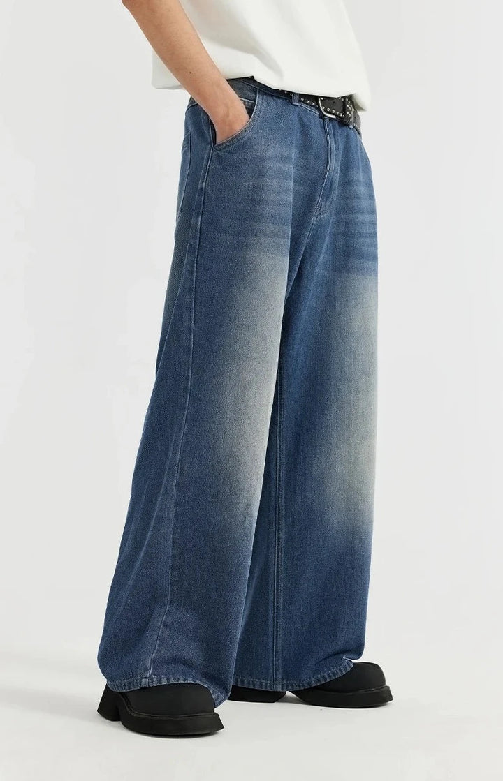 Classic Washed Denim Blue Jeans     - VONVEX