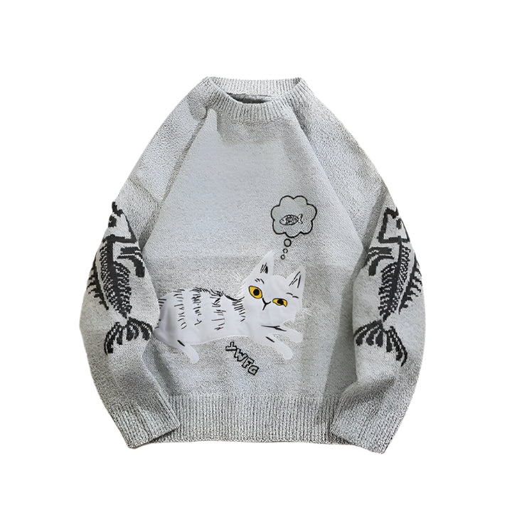 Y2k Street Cute Cat Knitted Sweater Beige M - VONVEX