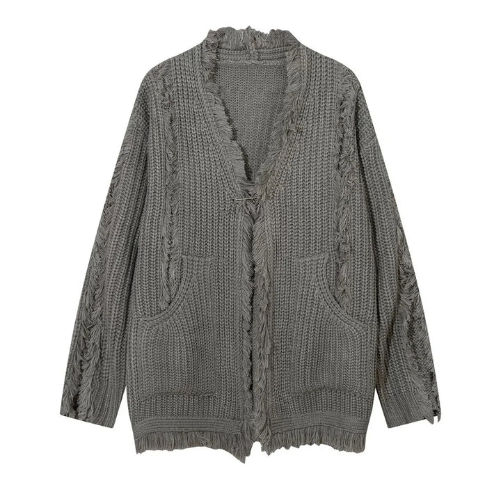 Y2k Irregular Tassel Knitted Cardigen Grey S - VONVEX