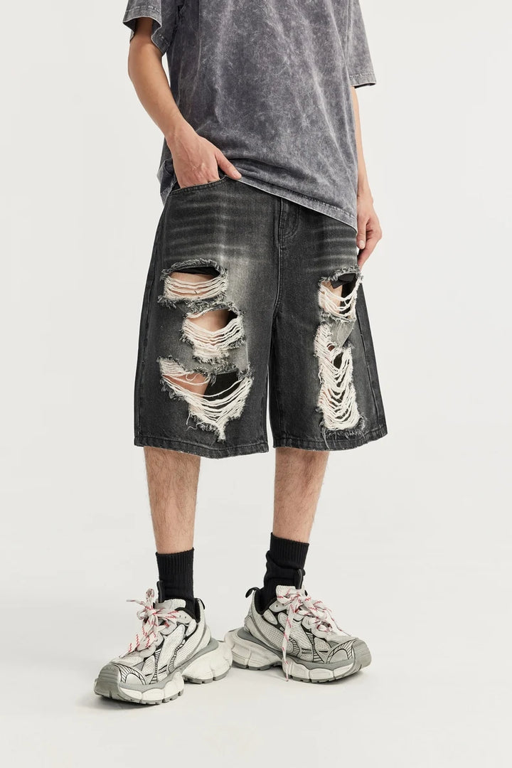 Casual Ripped Straight Leg Denim Short     - VONVEX