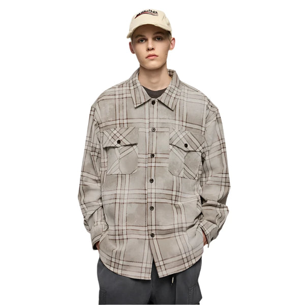 Distressed Plaid Long-Sleeved Shirt     - VONVEX