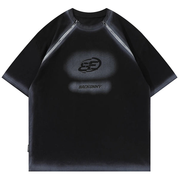 Y2K Double Zipper "BACKONMY" Black Oversized T-Shirt  M   - VONVEX