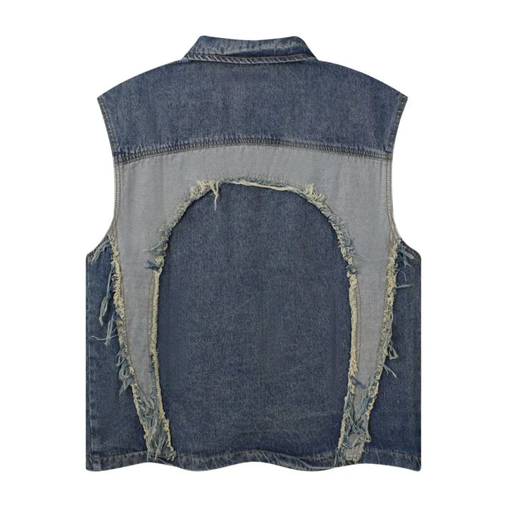 High Street Washed Raw Edge Denim Vest     - VONVEX