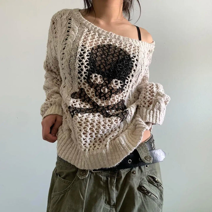 Y2K Skull Graphic Distressed Knit Sweater     - VONVEX