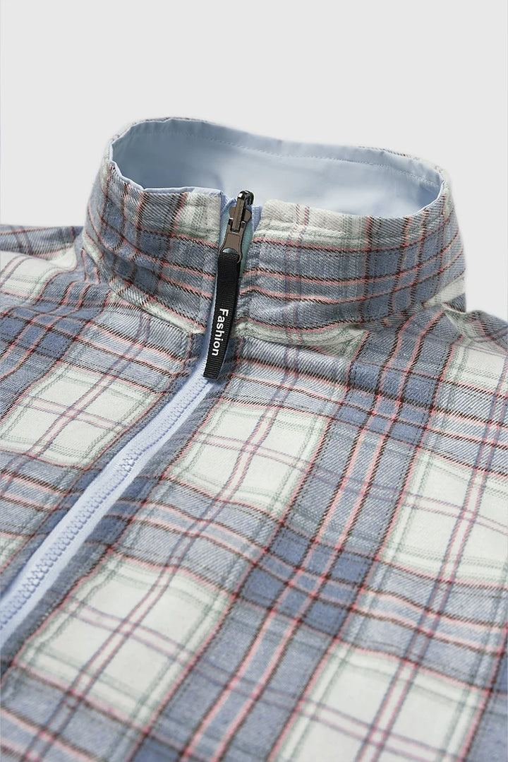 Reversible Stand Collar Plaid Jacket - VONVEX