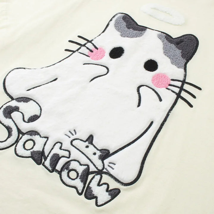 Aolamegs Men T Shirts Cute Cartoon Cat T Shirt Youthful Preppy Style Short Sleeve Tees Y2k Japanese Casual Cotton Couple Tops - VONVEX