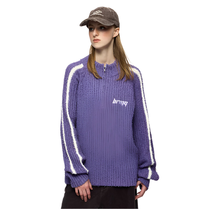 Y2K Contrast Stripe Quarter Zip Up Sweater Purple M - VONVEX