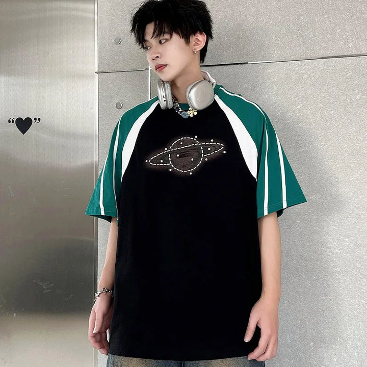 Aolamegs Men T Shirts Hip Hop Streetwear Stitching Contrasting Short Sleeve T Shirt Korean Casual Loose Couple Tees Top - VONVEX