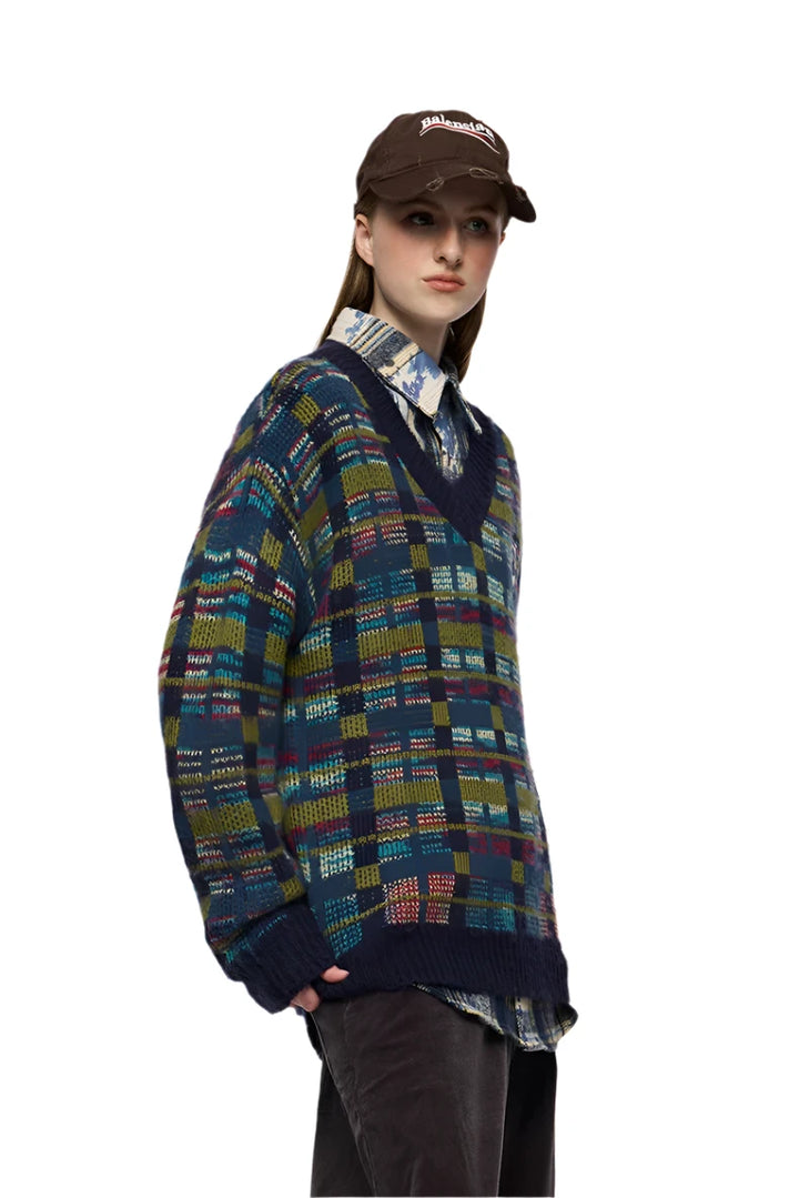 Contrast Color Colorful Check V-Neck Sweater - VONVEX