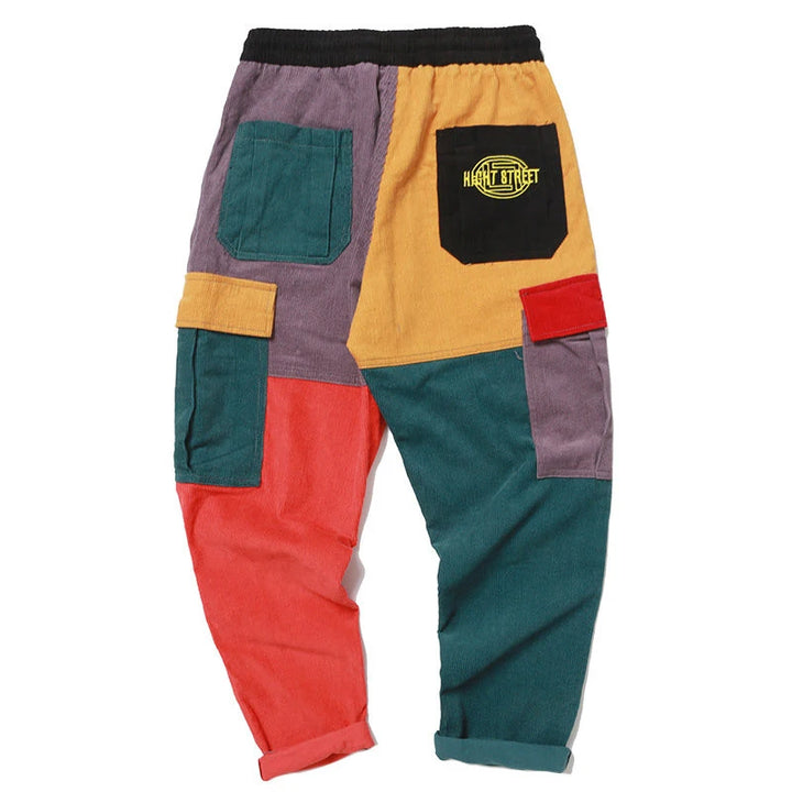 Corduroy Color Block Cargo Pants     - VONVEX