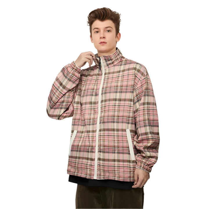 Reversible Stand Collar Plaid Jacket - VONVEX