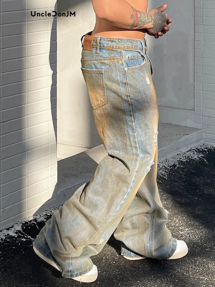 Y2K Distressed Ripped Denim Jeans     - VONVEX