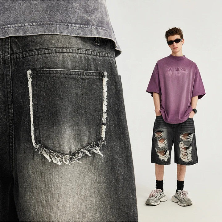 Casual Ripped Straight Leg Denim Short     - VONVEX