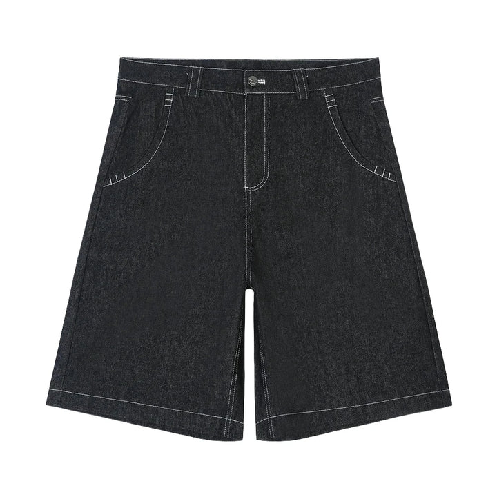 Embroidered Loose Denim Shorts Mens Summer Streetwear Black Knee-length Jeans Shorts - VONVEX