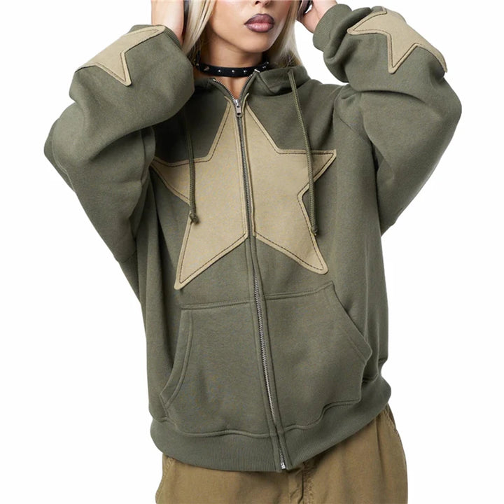 Y2K Star-Patch Zip-Up Hoodie     - VONVEX