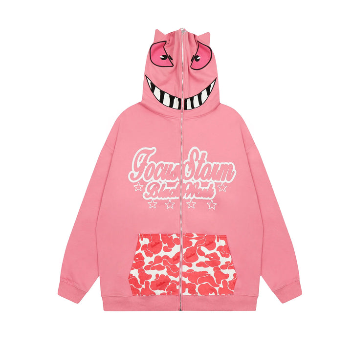 Monster Face Oversized Zip-up Hoodie  Pink M  - VONVEX