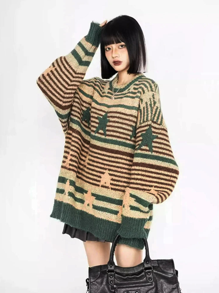 Y2K Starry Strips Oversized Sweater  Green M  - VONVEX