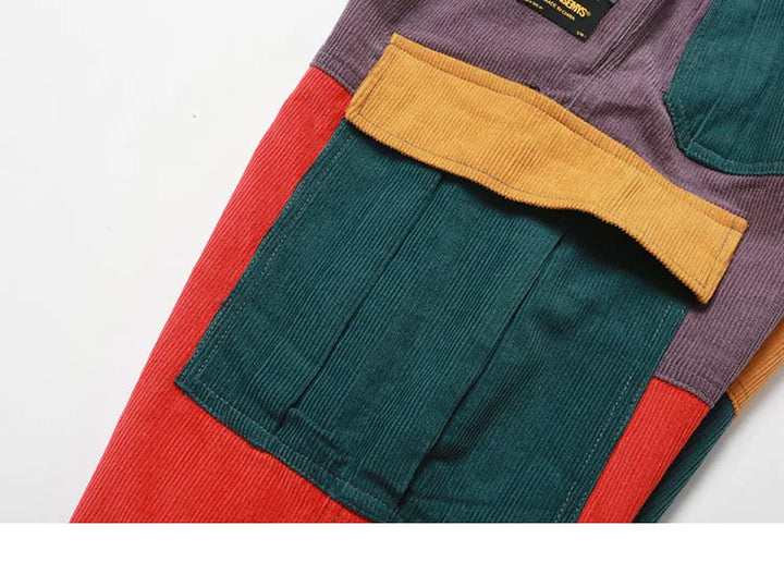 Corduroy Color Block Cargo Pants     - VONVEX