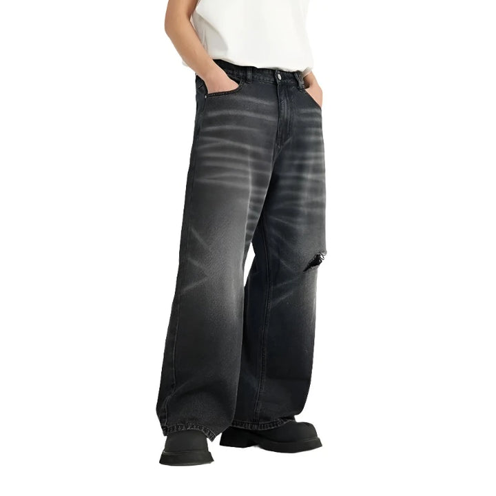 Retro Washed Black Ripped Wide-Leg Jeans  Black M  - VONVEX