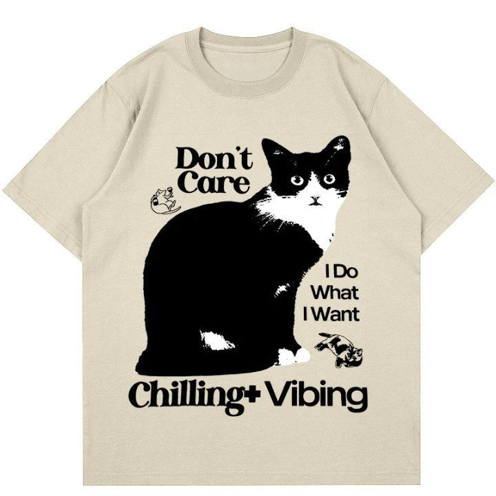 Chilling Cat Graphic T-shirt  Apricot S  - VONVEX