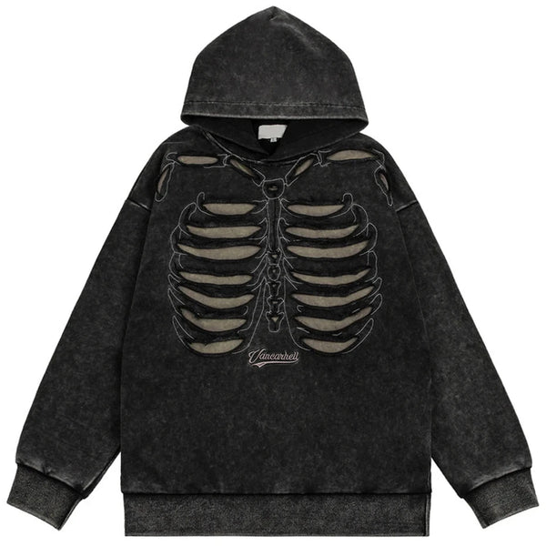 Vancarhell Skeleton Ribcage Acid Wash Hoodie     - VONVEX