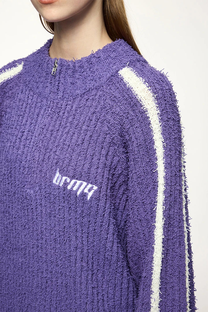 Y2K Contrast Stripe Quarter Zip Up Sweater - VONVEX