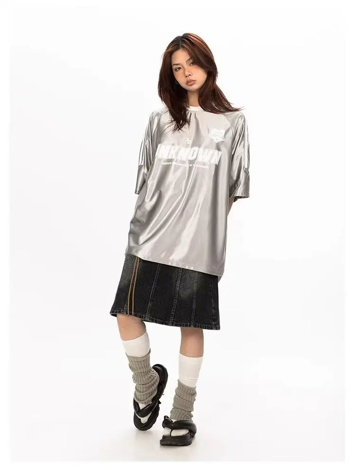 Y2K Metallic Silver Oversized T-Shirt     - VONVEX