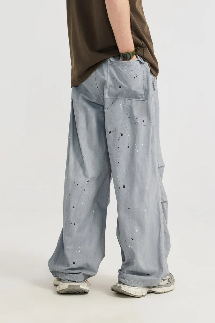 Washed Splashed Wide Leg Cargo Pant     - VONVEX