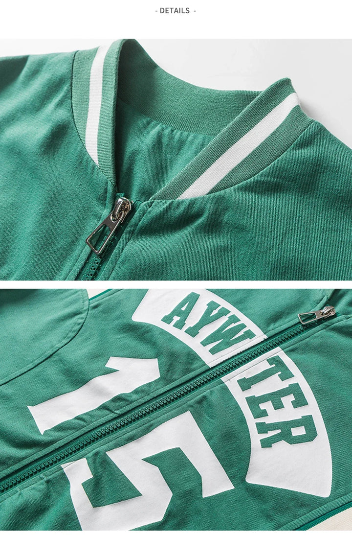 Retro Double-sleeved Green Varsity Jacket     - VONVEX