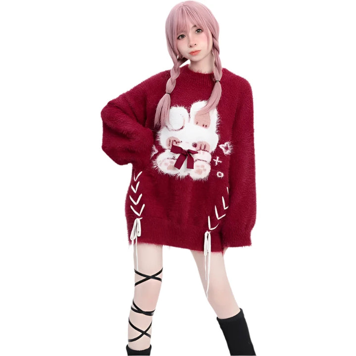 Red Kawaii Knitted Bunny Sweater - VONVEX