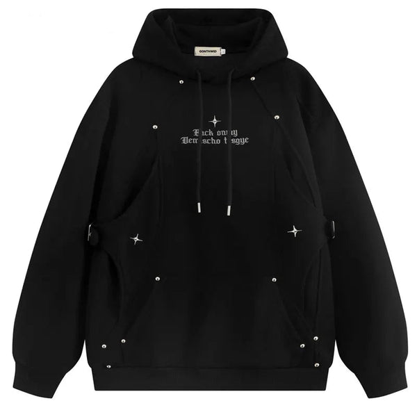 Y2K Embroidered Rivet Star Hoodie Black M - VONVEX