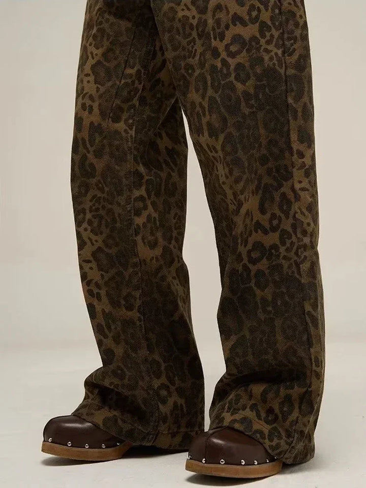 Y2K Leopard Flair High-Waisted Pants     - VONVEX