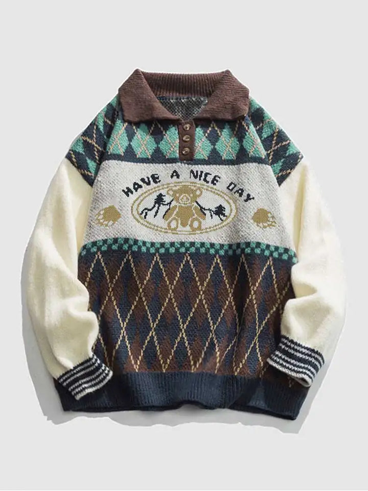 Y2k Geometric Bear Pattern Buttoned Sweaters - VONVEX