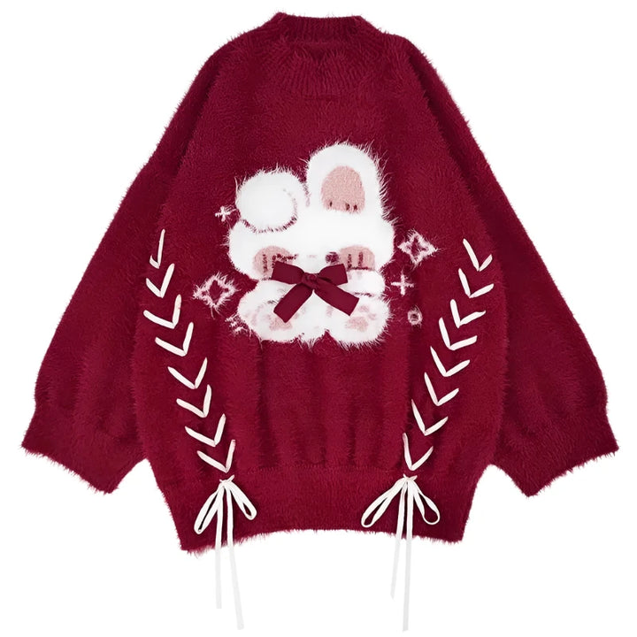 Red Kawaii Knitted Bunny Sweater Red S - VONVEX