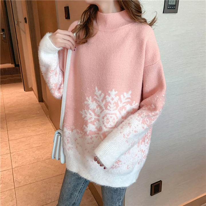 Turtleneck Snow Flake Sweater Pink One Size - VONVEX