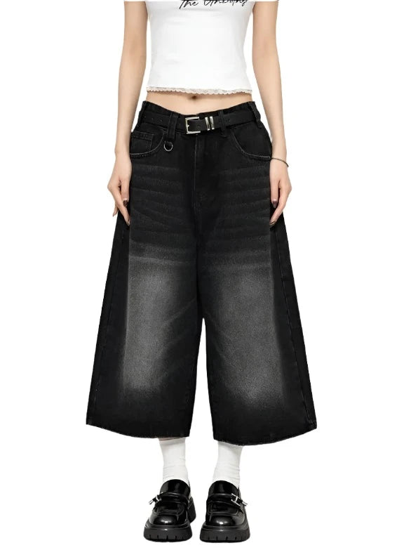 Vintage Streetwear Women Jeans 2024 Summer Loose Male Wide Leg Knee Length Shorts Men's Oversize Fashion Denim Trouser Pants Y2K - VONVEX