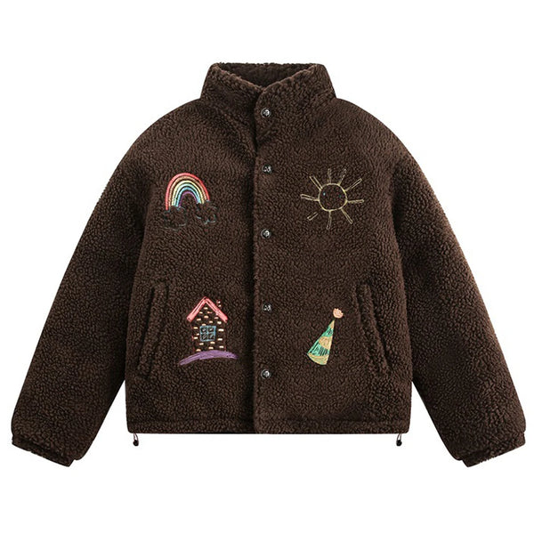 Embroidered Fleece Button-Up Jacket  brown M  - VONVEX