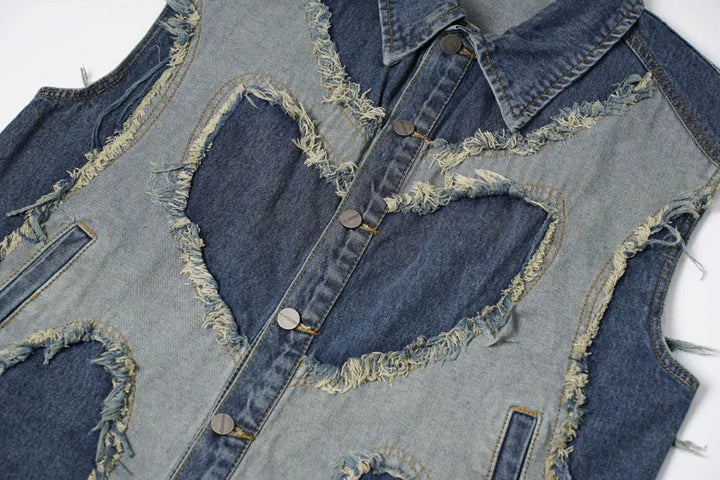 High Street Washed Raw Edge Denim Vest     - VONVEX